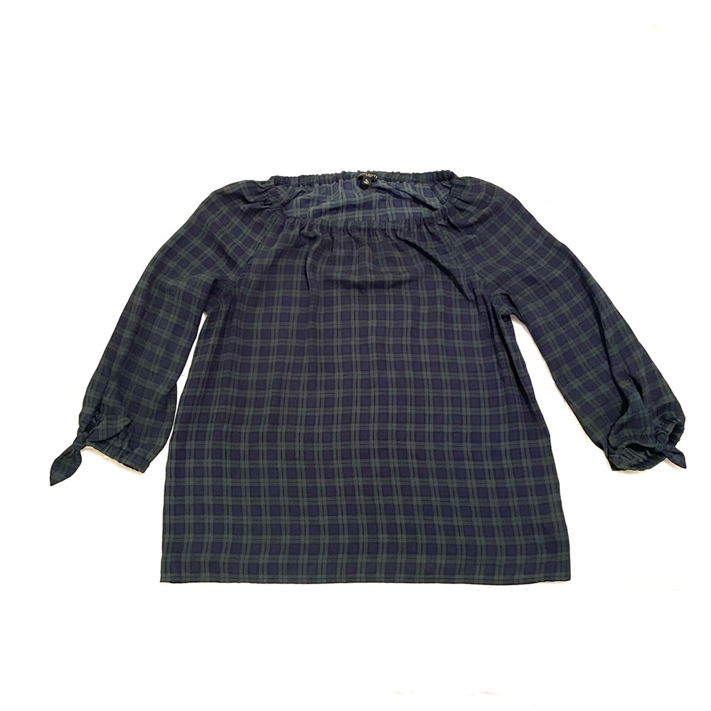 Off-Shoulder Women’s Blackwatch Plaid Blouse in Navy and Forest Green